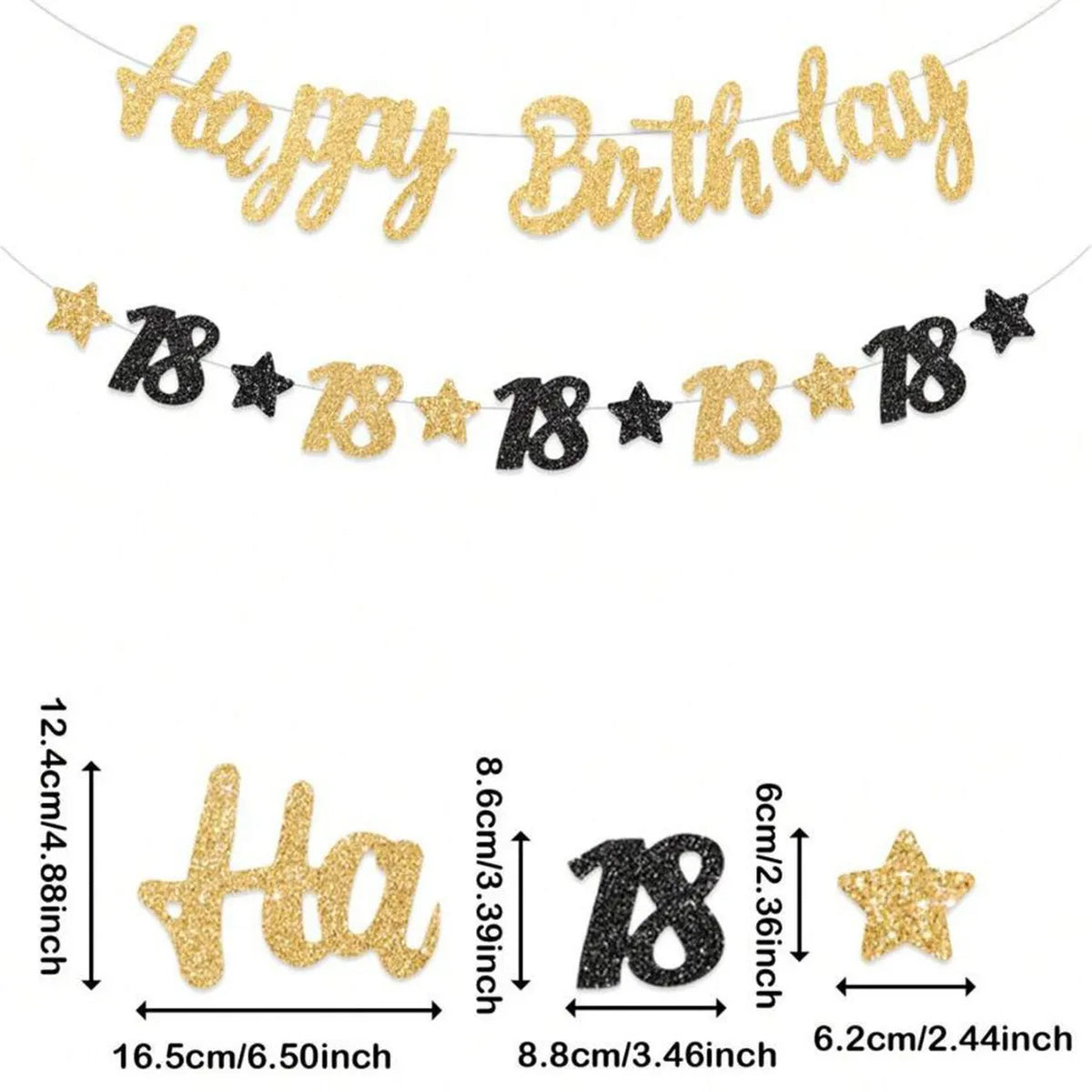 guirlande fête anniversaire or noir lettres étoiles élégante tringle fixée enfants festives