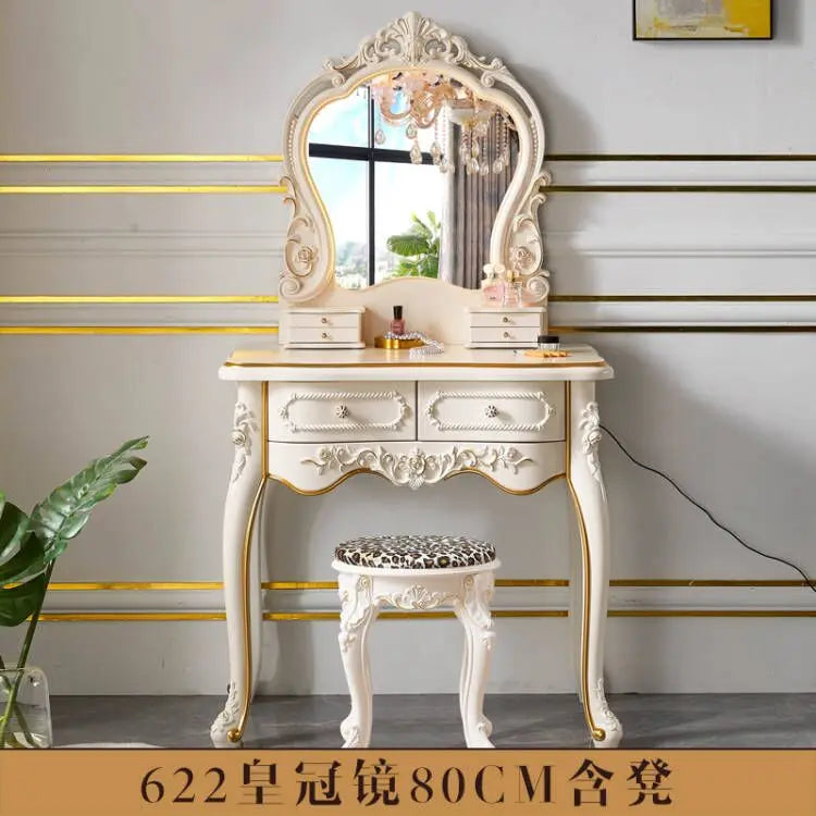 maquillage blanc ornements floraux six tiroirs grand miroir tabouret chambre classique