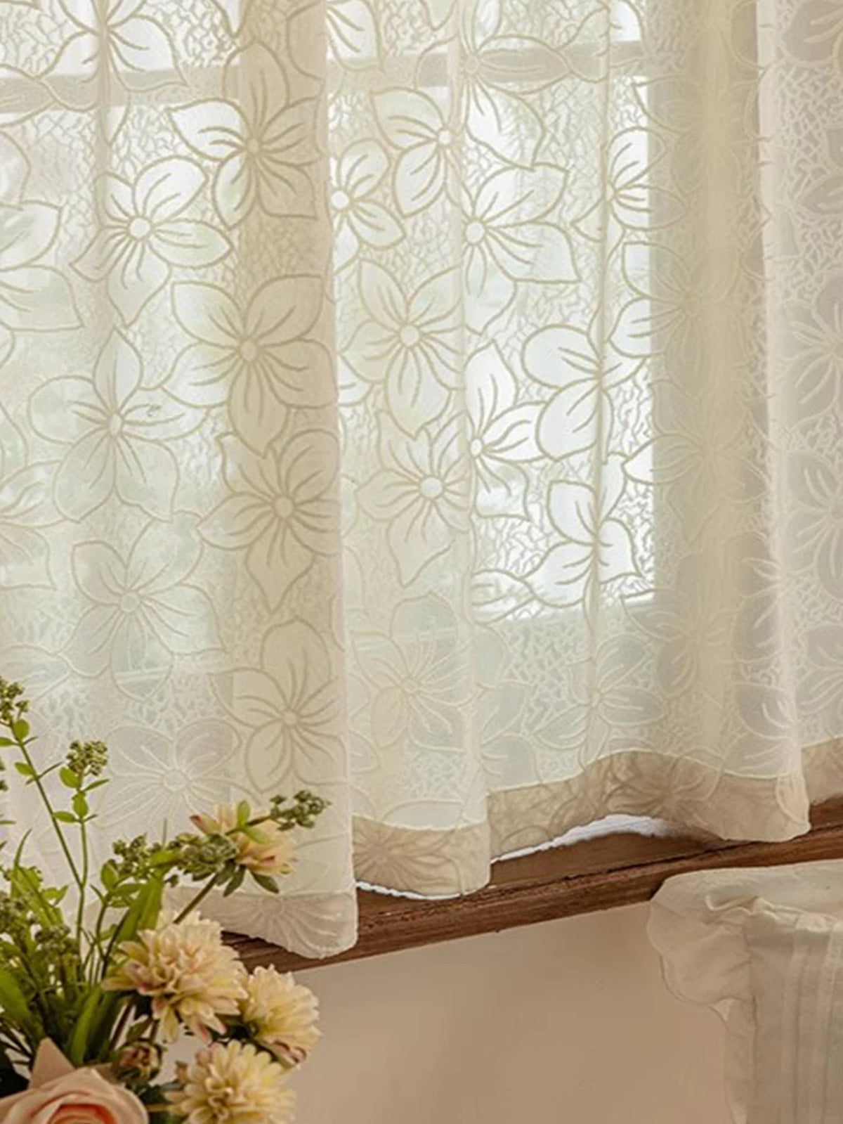 rideau moderne fleurs transparent beige clair décoration polyester extérieure fenêtre plate