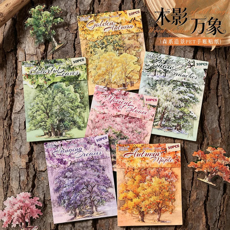 autocollants arbres feuilles naturels vert jaune rose violet blanc brillants 10pcs opaques scrapbooking decoration
