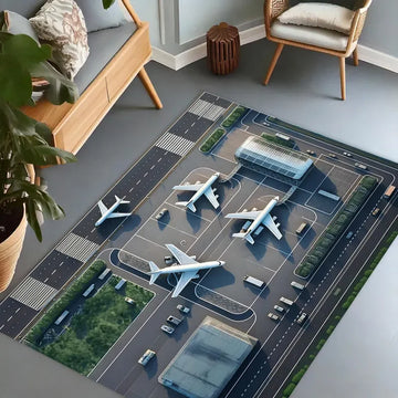 tapis jeu enfant aéroport piste avion décoratif chambre salon gris bleu blanc moderne