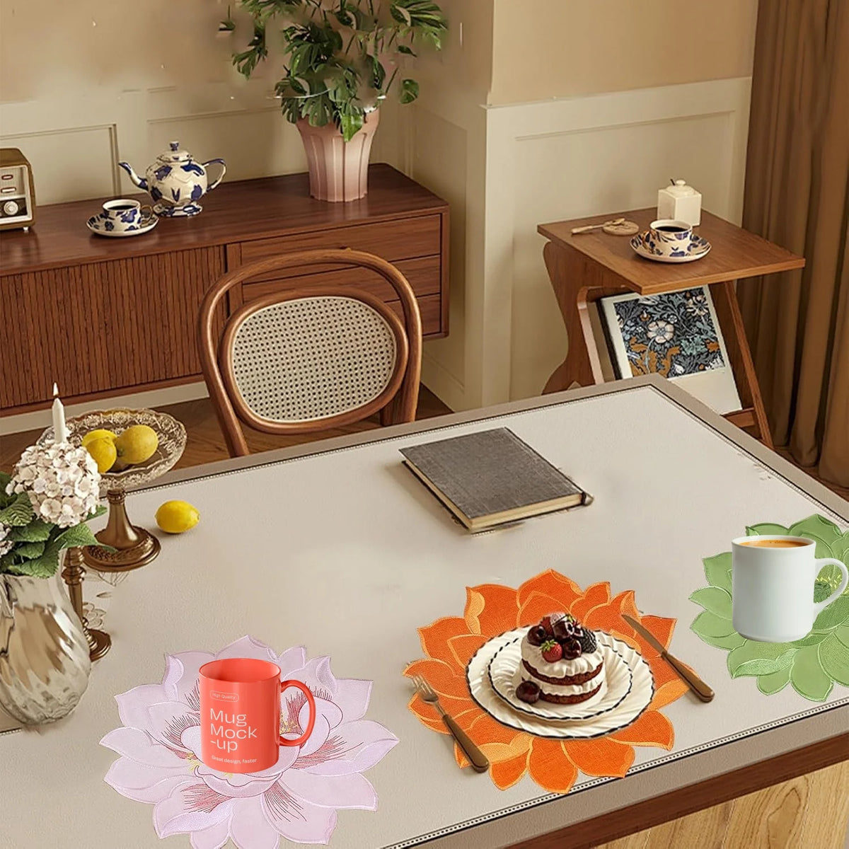 serviettes table modernes fleurs stylisées orange rose vert adhésives polyester