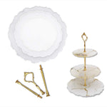 support gâteaux trois niveaux blanc or texture marbrée motifs floraux vis dorées rondelles blanches