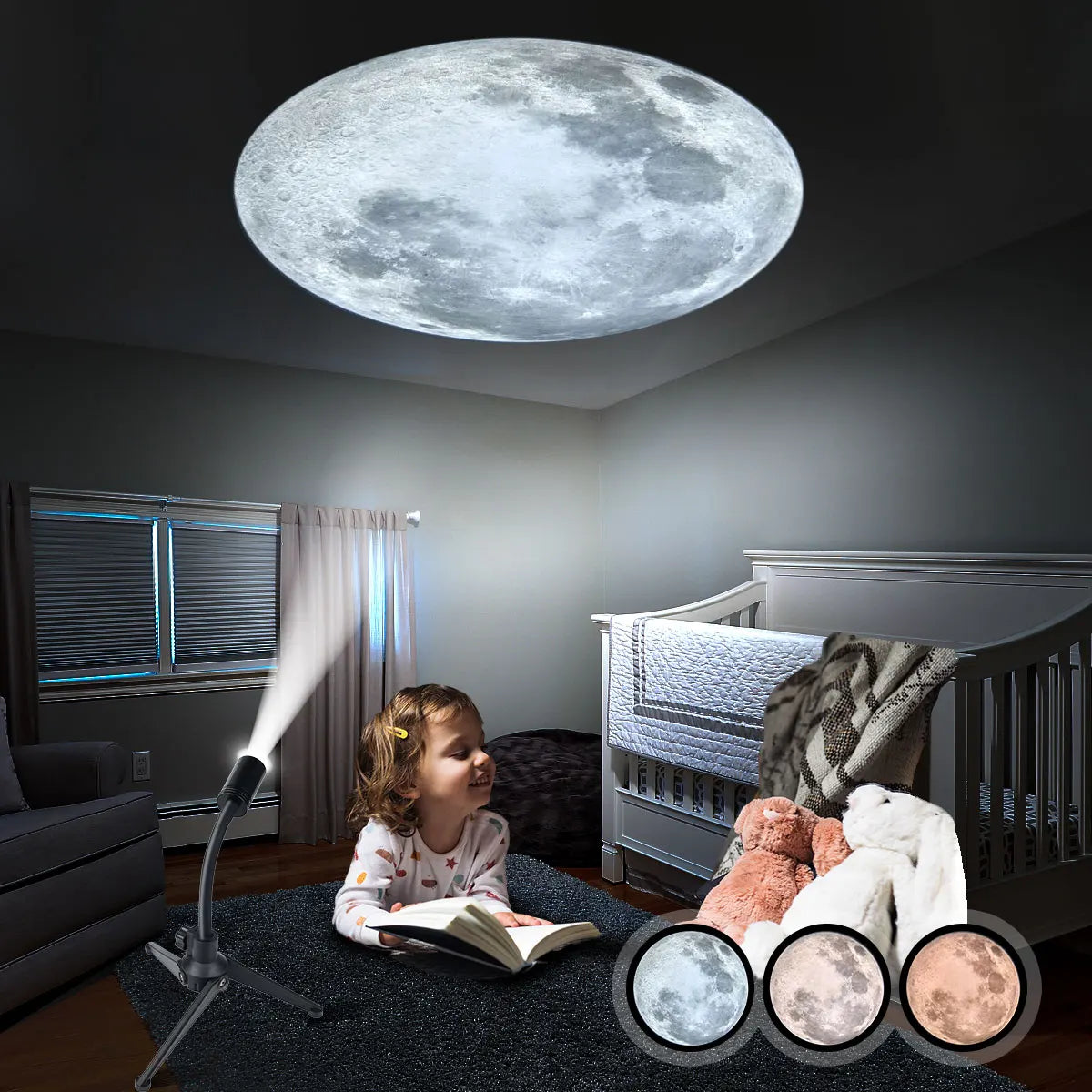 projecteur lune texture lunaire blanc beige gris moderne trépied interrupteur usb câble lumière nocturne