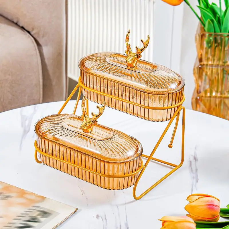 assiettes fruits divisées transparentes rayures horizontales moderne élégant couvercle support métallique doré