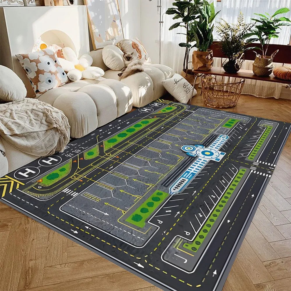 tapis moderne aéroport pistes avions enfants gris vert bleu blanc floral