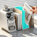 organisateur blanc moderne rangement stylos fichiers blancs bleus compartments ligne verticalisée étudiant