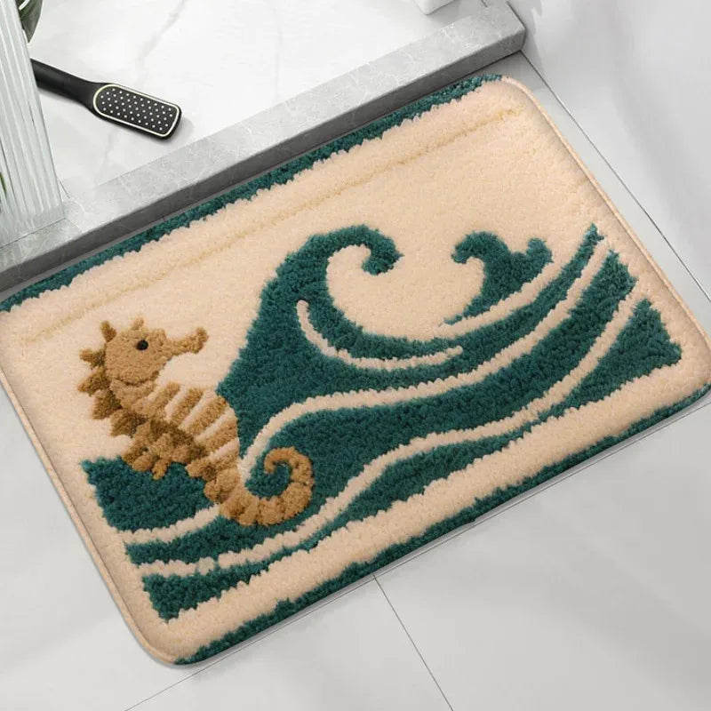 tapis bain motif baleine souriante coraux vague océan décoratif polyester