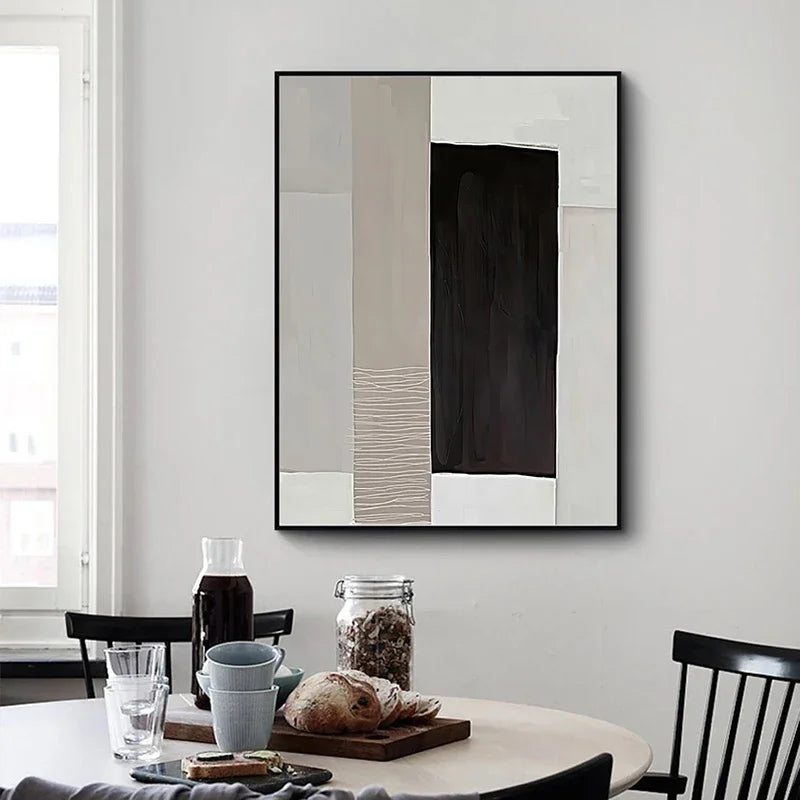 tableau abstrait moderne toile couleur noir beige geometrie minimaliste deco salon vertical