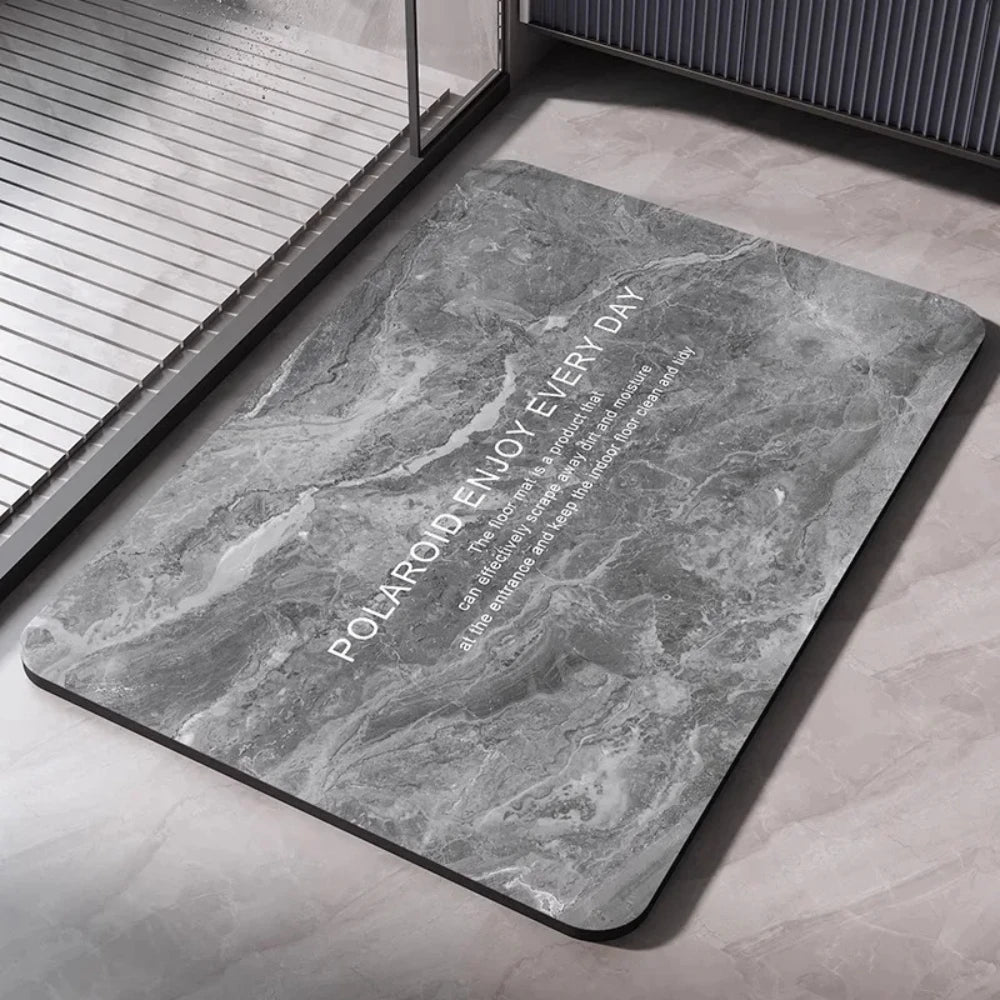 tapis sol salle bain absorbant antidérapant motif marbre gris bleu séchage rapide moderne