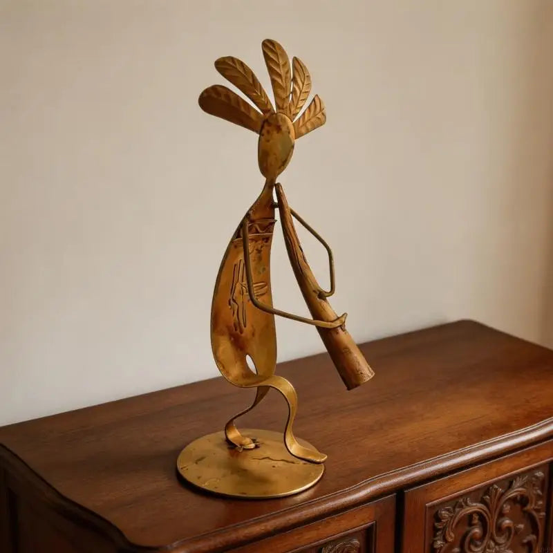 sculpture décorative figure humaine instrument doré bronze ethnique tribal artisanal intérieur meuble bois table