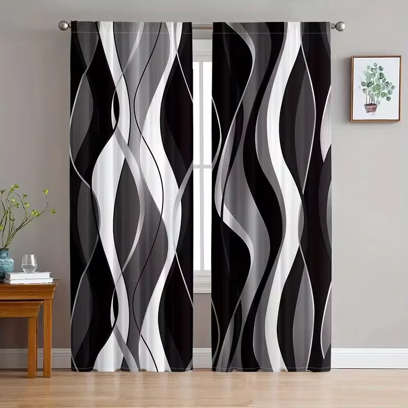 rideau moderne panneaux polyester noir blanc gris rayures ondulées salon chambre coucher
