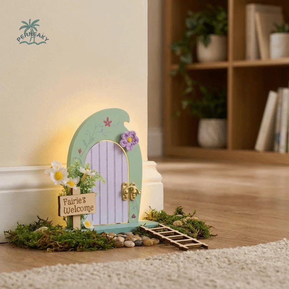 décoration maison poupée porte fée miniature escalier bois fleurs crochet plaque bienvenue vintage