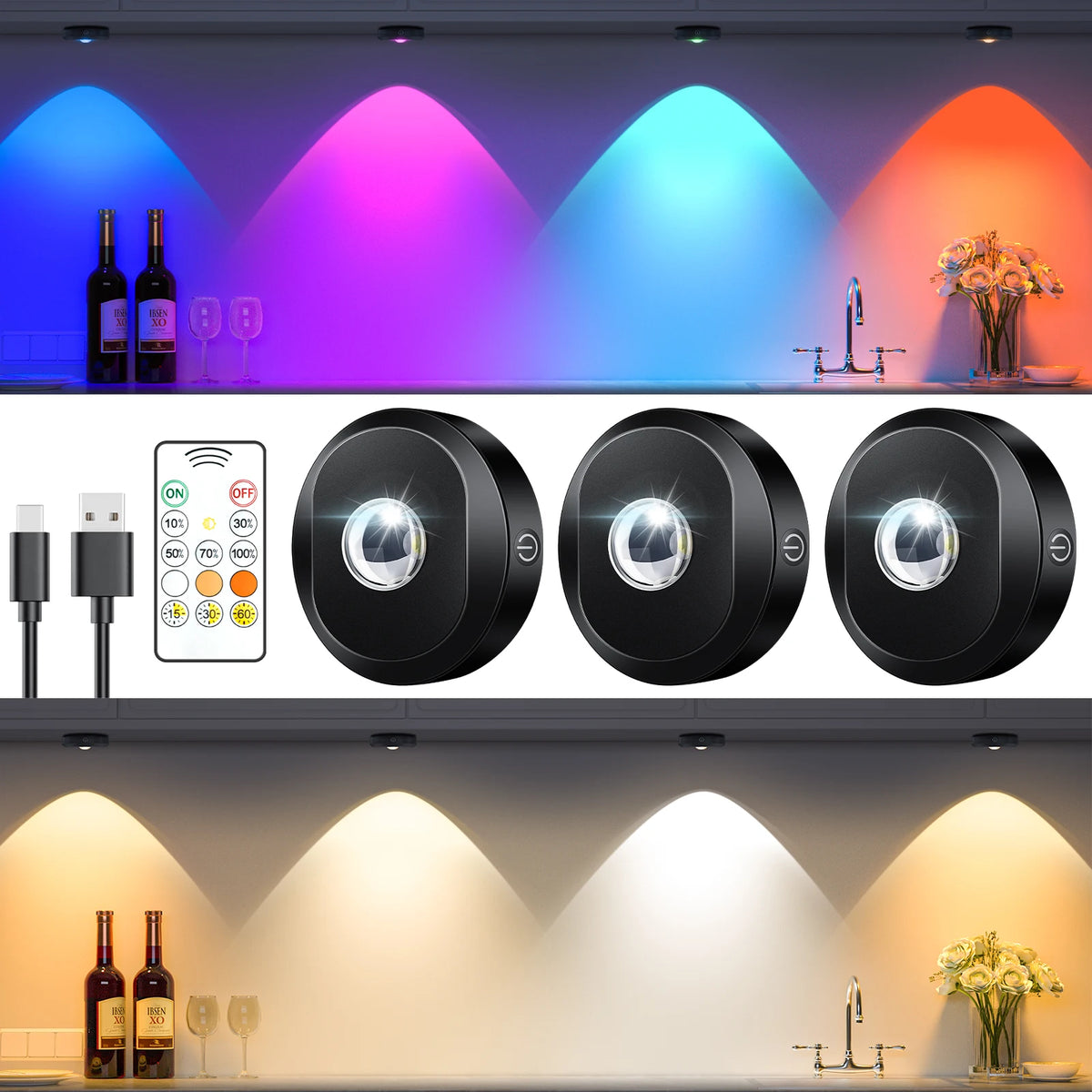 lampe led rechargeable noire télécommande aimant adhésif rond brillant moderne 60249lm