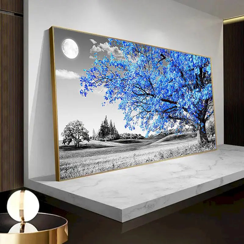 grande toile peinture paysage nocturne arbre fleurs bleu noir blanc décoration murale moderne