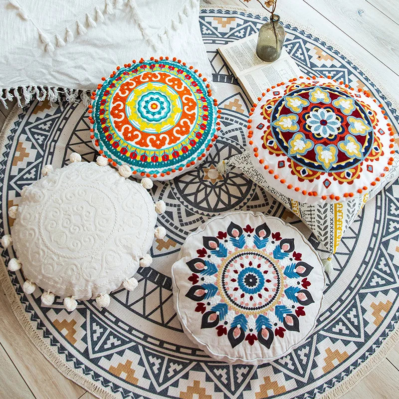 housse coussin rond brodé géométrique floral boho chic coton décor maison salon voiture