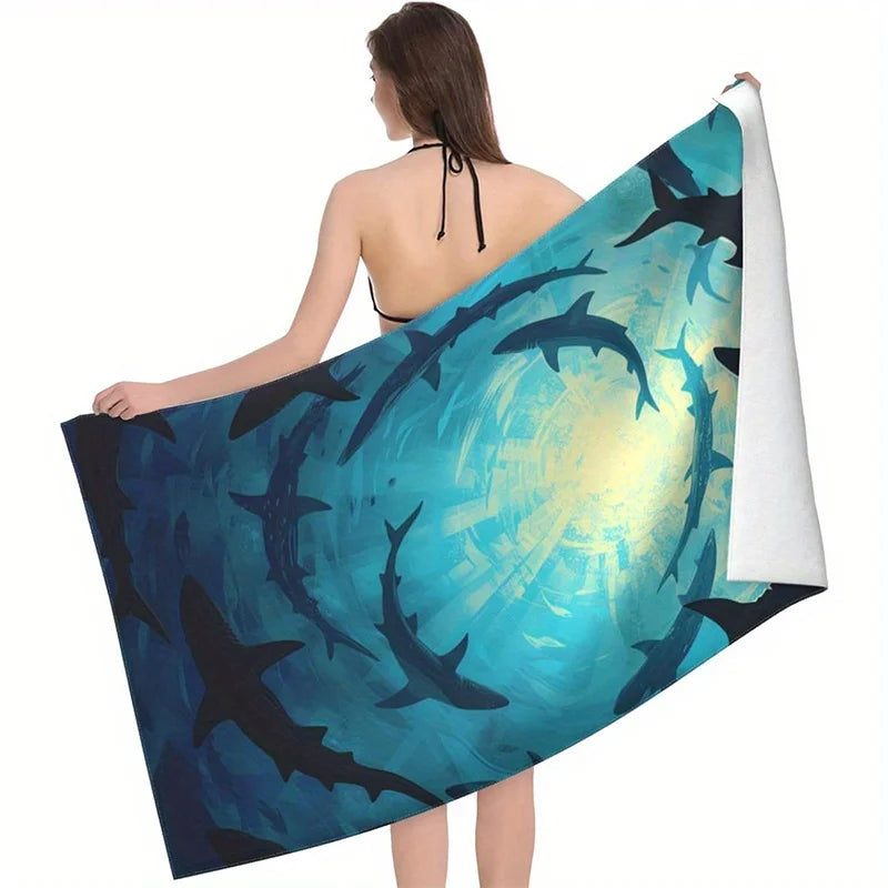 serviette plage motif requin moderne bleu noir abstraite sèchage rapide polyester large