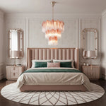 lustre moderne verre marbré rose ampoules led chaines metalliques élégantes