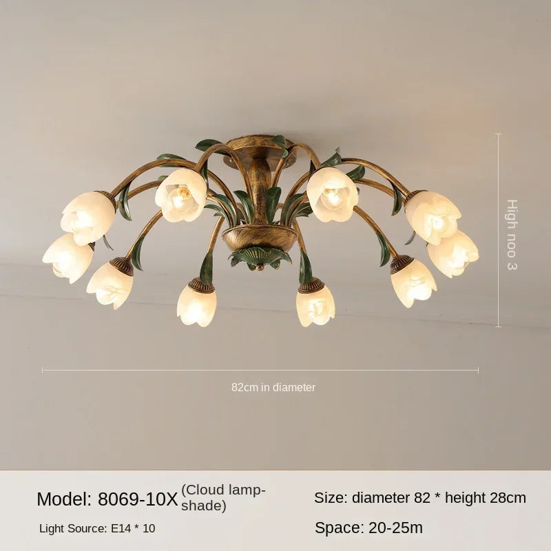 lampe vintage fleurs verre feuilles métal doré vert salon chambre