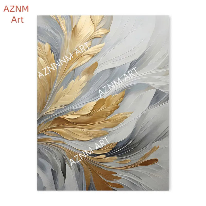 tableau abstrait contemporain toile feuilles stylisées gris beige doré décoration mur moderne minimaliste