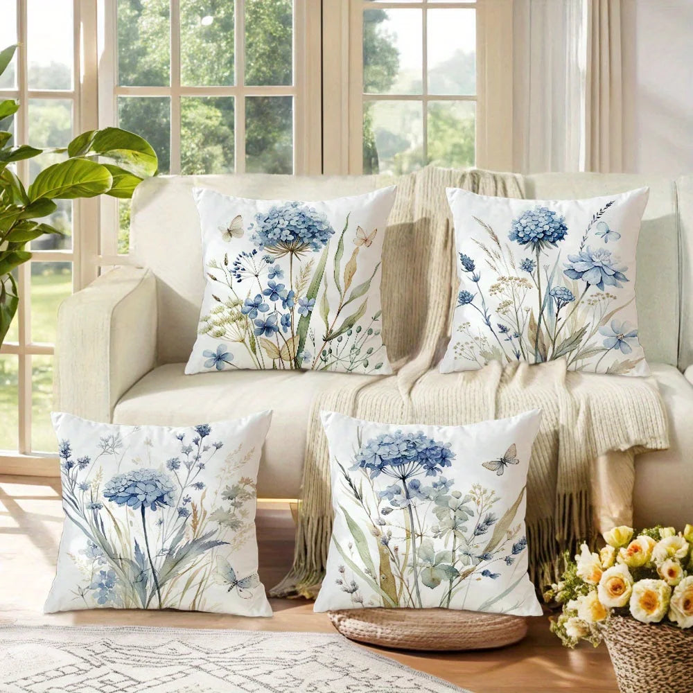 taies d'oreiller imprimées fleurs papillons blanc bleu vert polyester lit chambre décoration maison classique