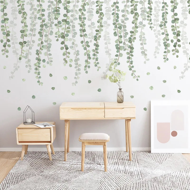 papier peint mural moderne feuilles vertes suspendues naturel vert clair blanc chambre salon décoration