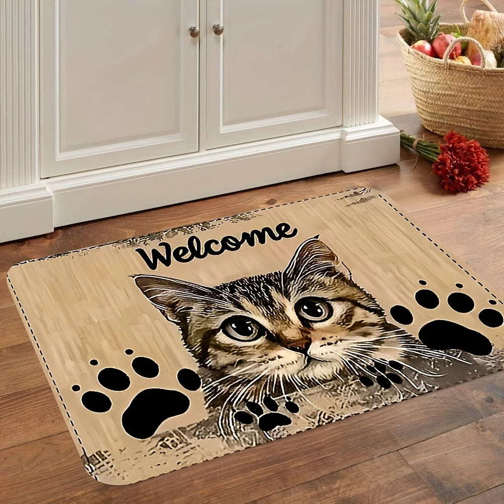 tapis d'entrée moderne chat welcome adhésif résistant extérieur intérieur beige noir vert gris