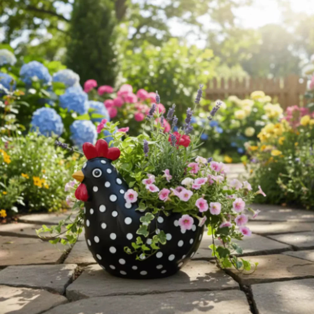pots fleurs forme poule motifs pois noirs succulentes géraniums lavande rustiqueextérieur jardin