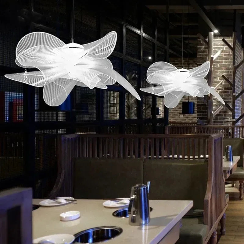 Suspension lumineuse moderne ampoules led blanc gris foncé floral abstraite semi transparente 72cm