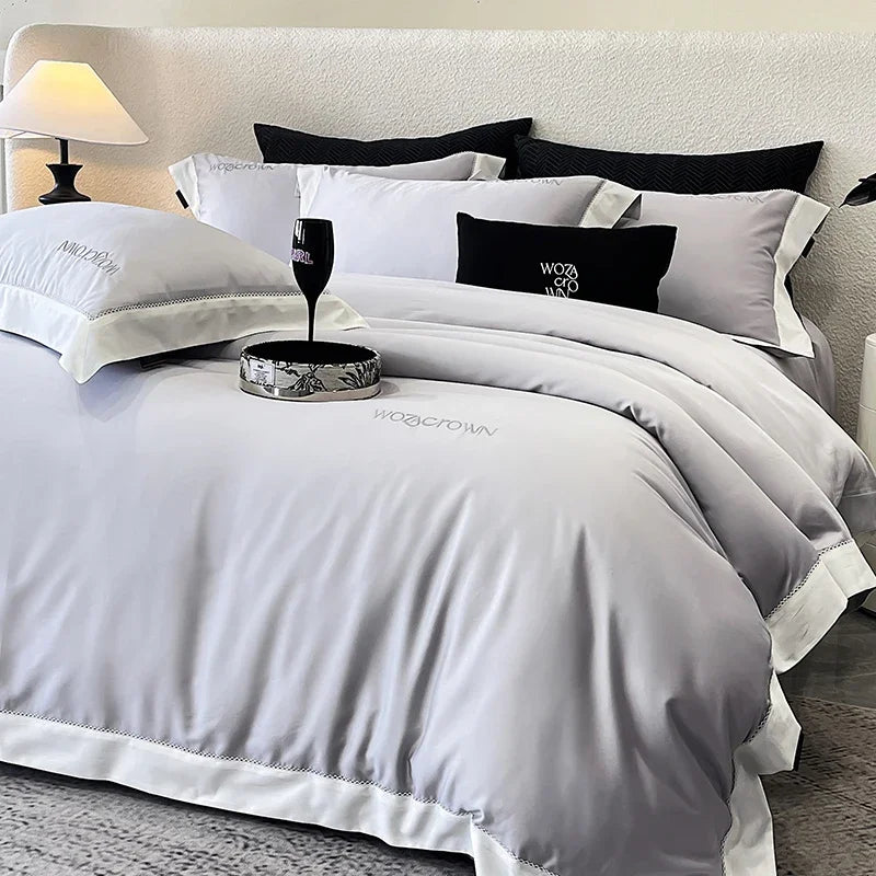 parure lit luxe coton lyocell satiné housse couette drap plat taies oreillers blanc