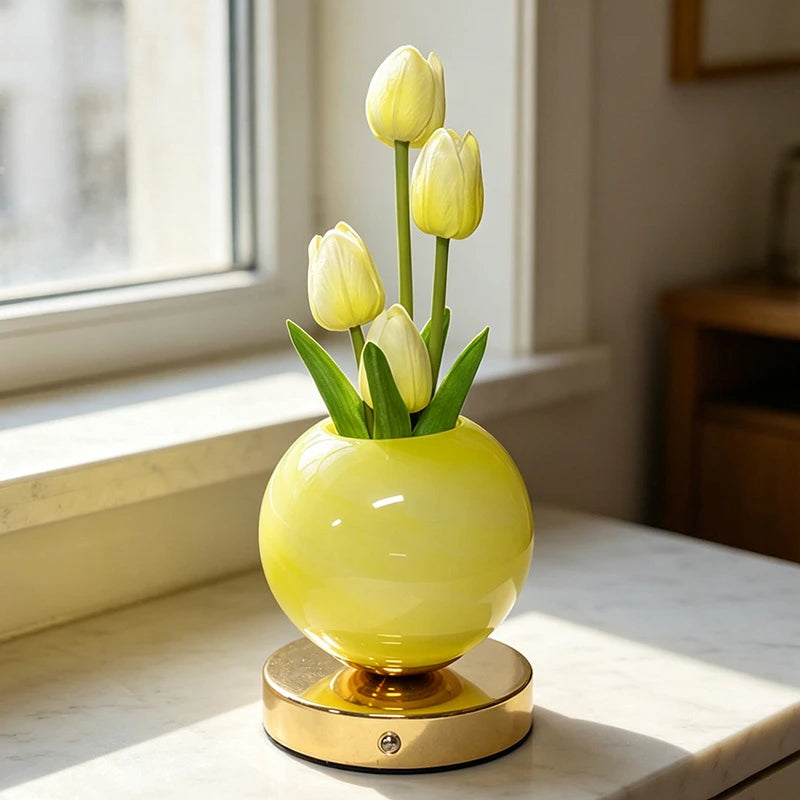 lampe table moderne rechargeable tulipes multicolores marbrées base métallique bleu rose orange violet rechargeable