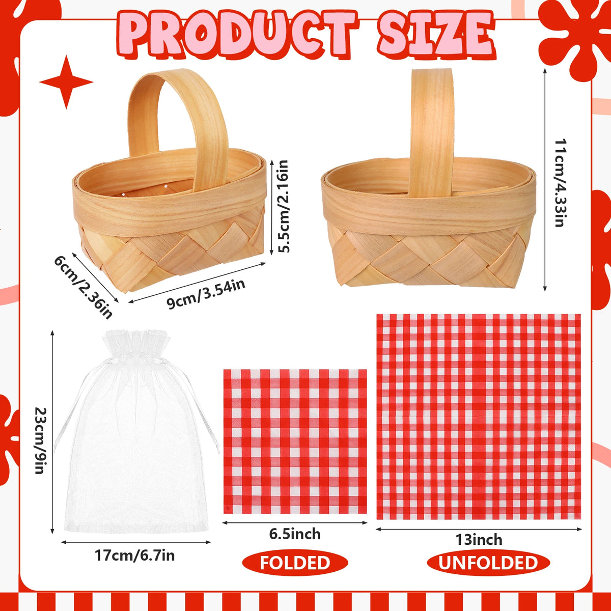 paniers fruits bois rouge blanc serviettes carreaux poignées sacs transparents traditionnels festifs naturels