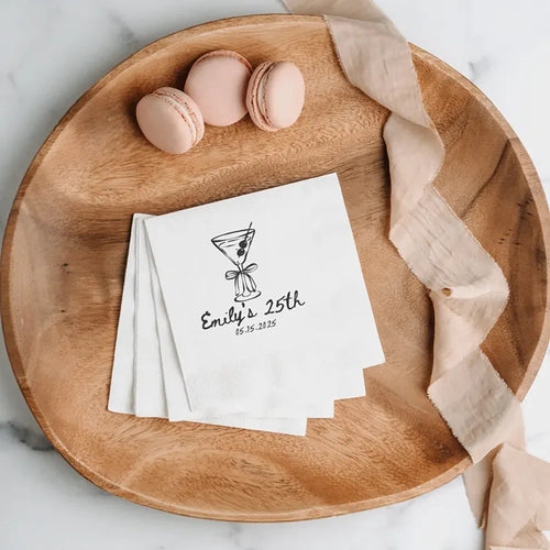 serviettes papier blanc cocktail verre olive emily 25 anniversaire date personnalisable event festive minimaliste