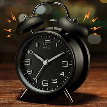 réveil double cloche métal noir horloge classique pieds métalliques son puissant vintage aiguilles mécaniques