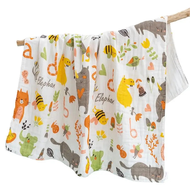 couverture bébé coton imprimée animaux blanc orange gris vert jaune marron