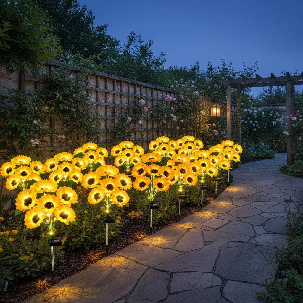 lampes solaires extérieures fleurs tournesol jaune noires modernes jardin balcon piquets métalliques base solaire