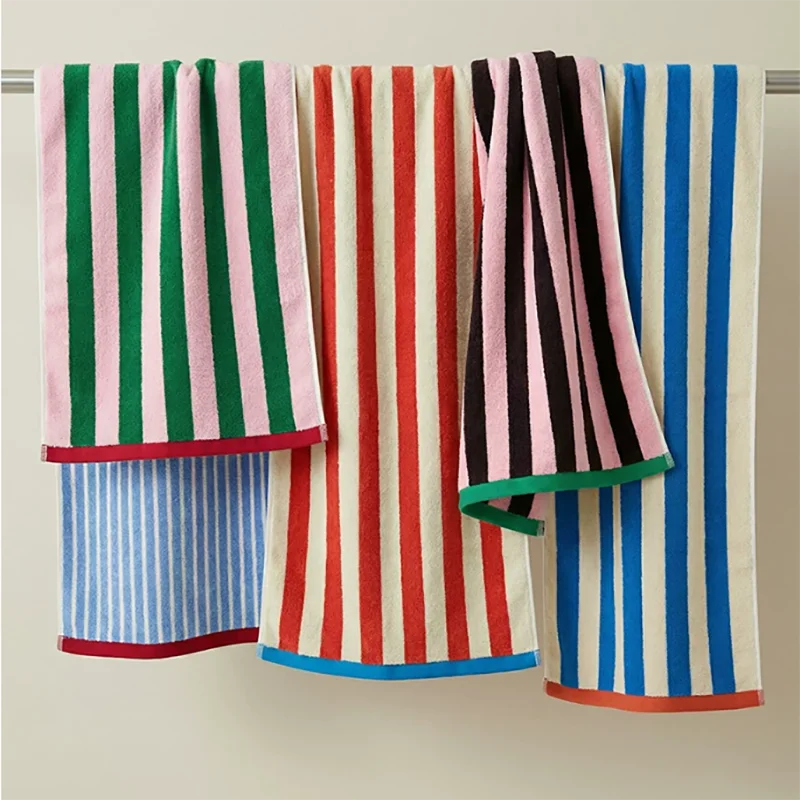 serviettes bain rayées coton absorbant homme femme moderne vert rose bleu