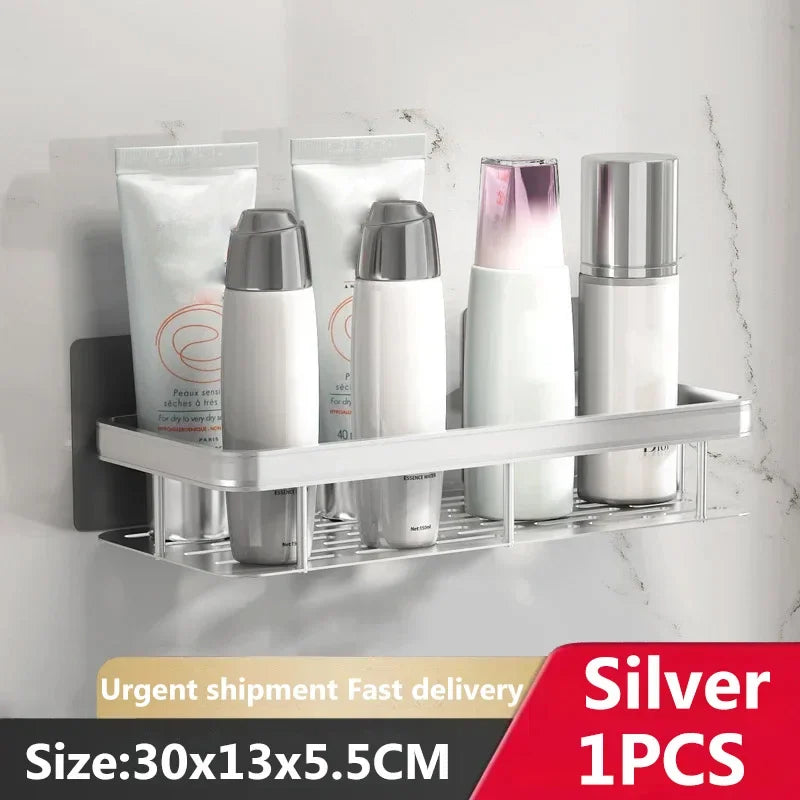 étagères salle bain moderne noires dorées mural sans perçage double niveau aluminium inoxydable