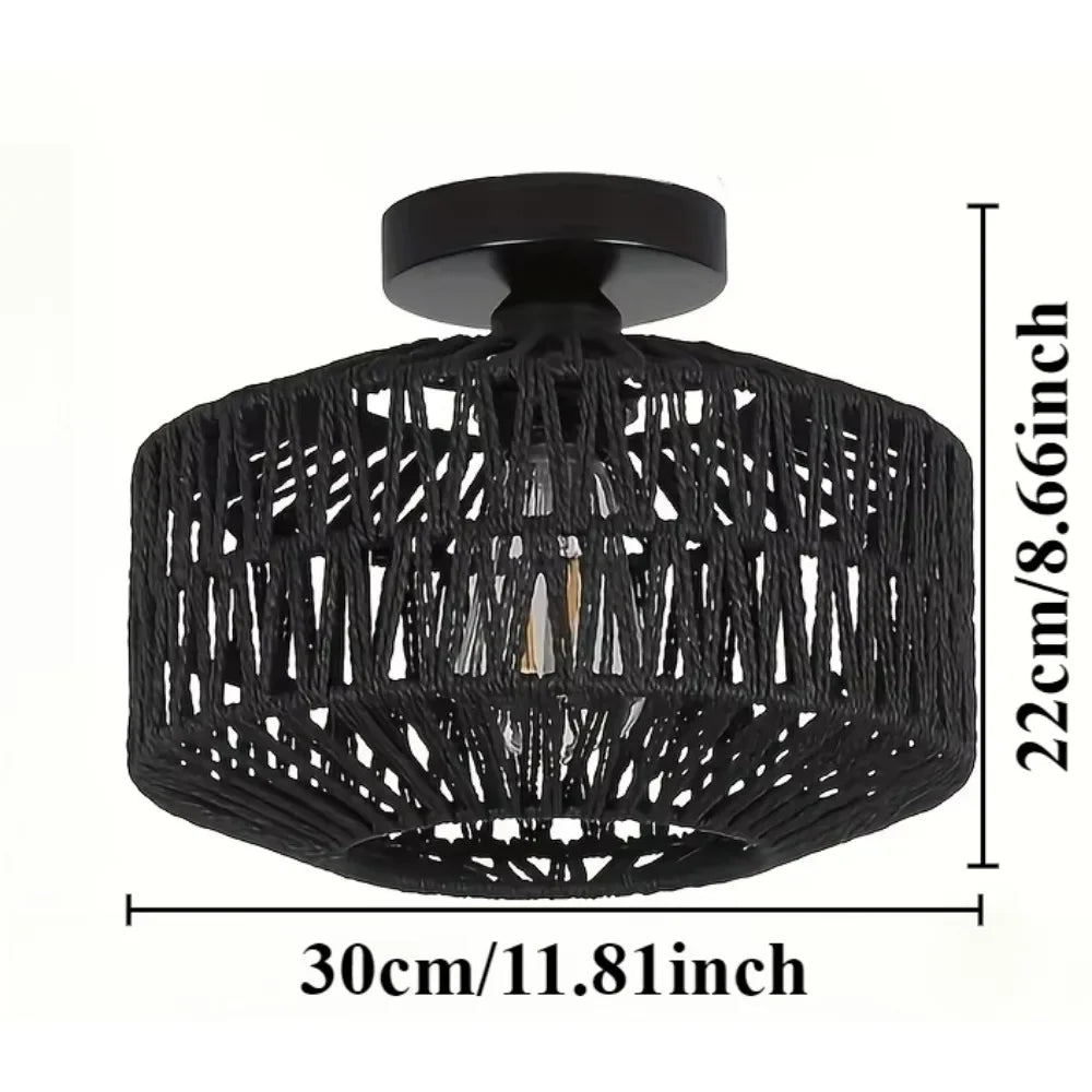 lampe suspendue moderne rustique tissée bambou naturel cadre métallique noir cuisine chambre coucher salle