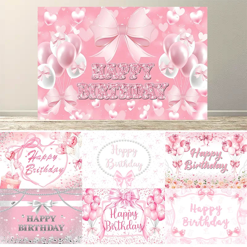 Bannière joyeux anniversaire rose avec nœud pour femme