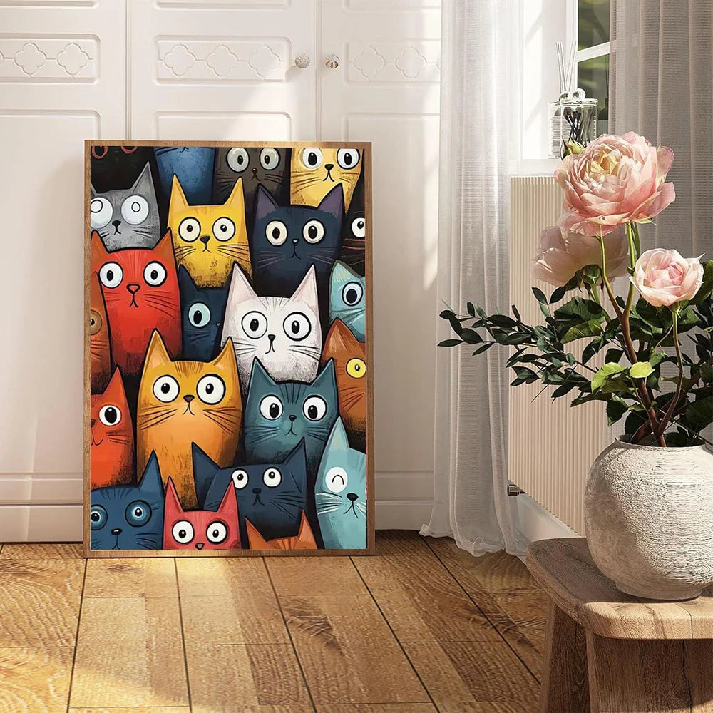 toile d'art moderne illustration chats yeux grands ouverts multicolore sans cadre doré