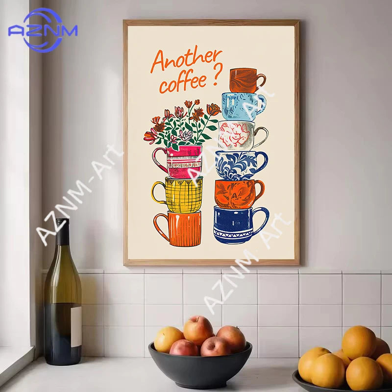 tableau moderne motifs floraux géométriques abstraits couleur beige marron bleu orange jaune rouge vert