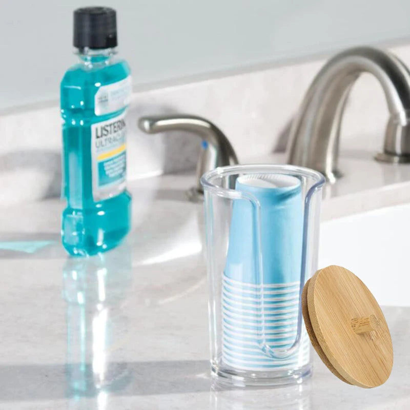 boîtes rangement cosmétiques transparentes couvercle bois moderne coton tige lingettes pinceaux rouges lèvres