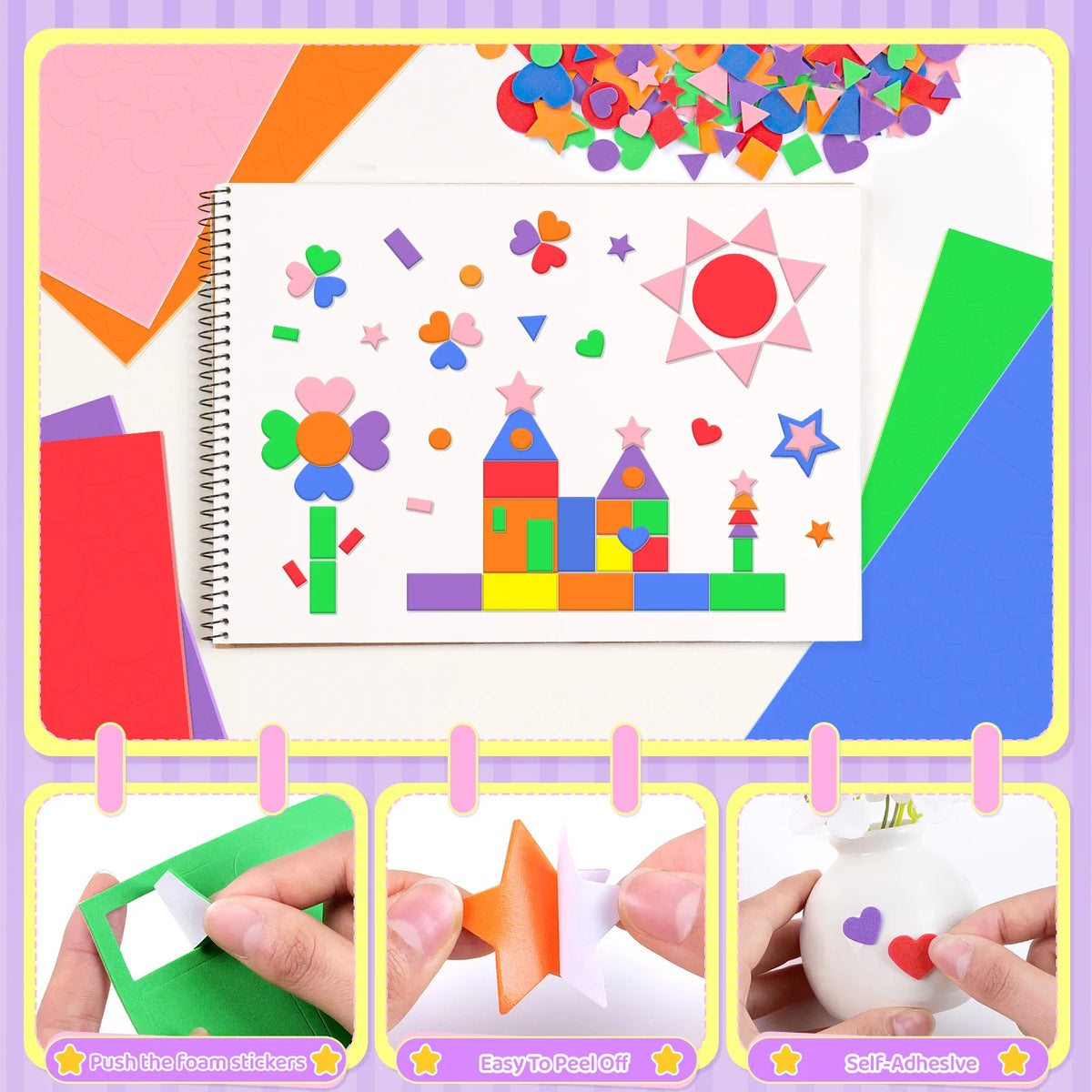 sticker géométrique mousse adhésif créatif enfantin 600 pièces formes rouges verts bleus violet orange
