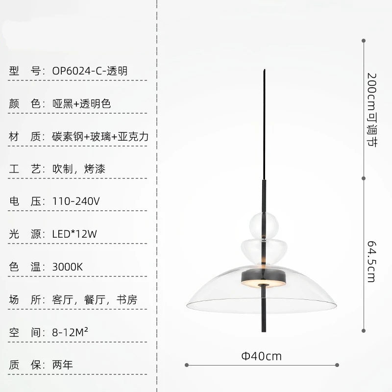 suspension lumineuse moderne transparente noir minimaliste led pendentif simple salle manger cuisine bar restaurant