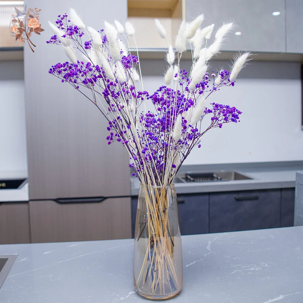 bouquet fleurs séchées orange rose bleu blanc vase transparent décoration naturelle rustique maison
