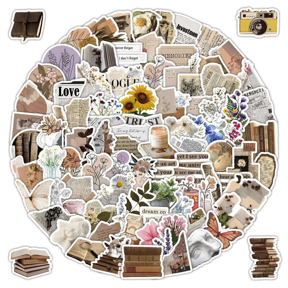 sticker vintage floral romantique livres fleurs papillons textes anciennes photos journal DIY scrapbooking
