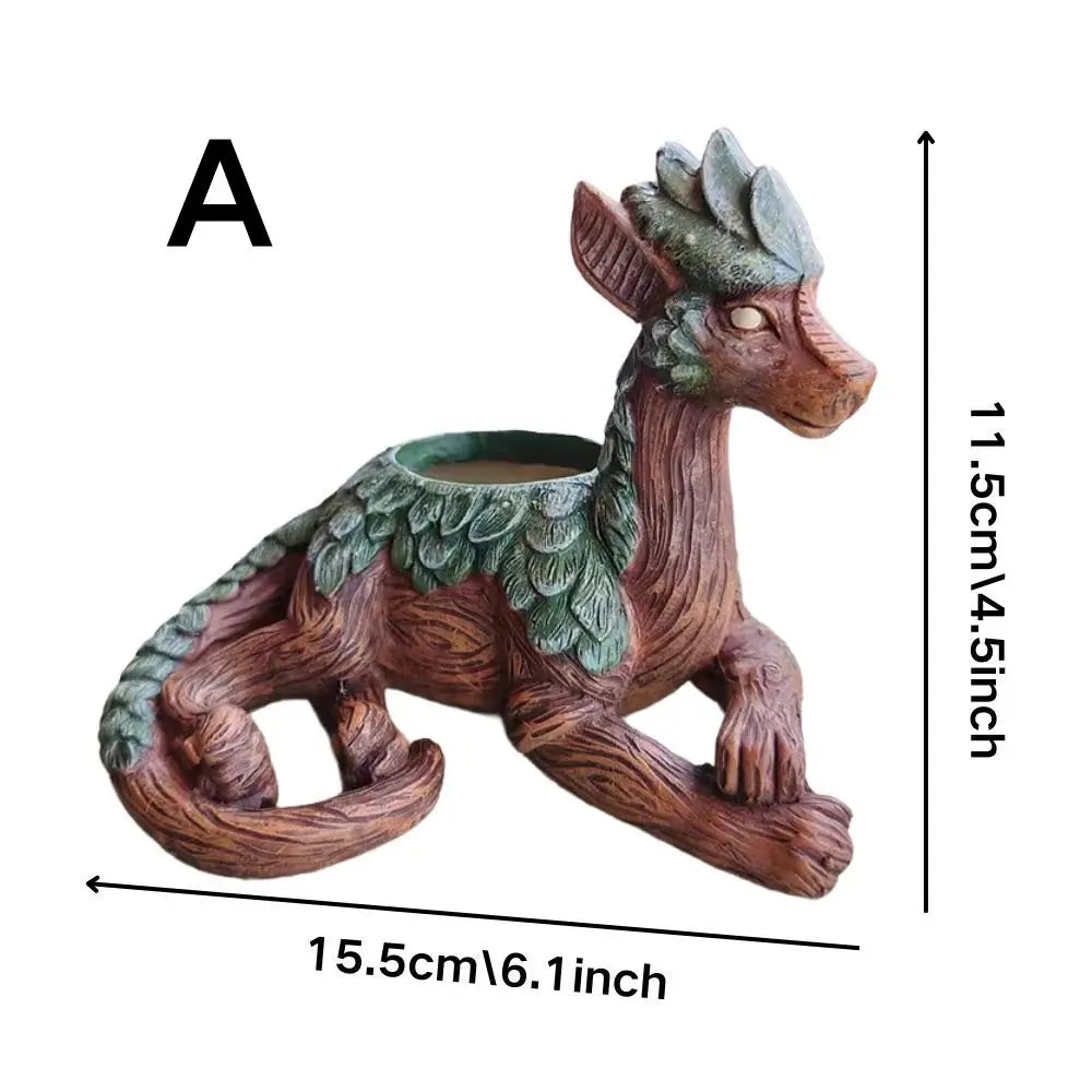 jardinière résine dragon succulentes pot fantaisie texture bois verte marron
