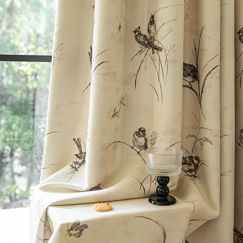 rideau occultant beige oiseaux noirs fleurs classique anneaux fenêtre salon chambre
