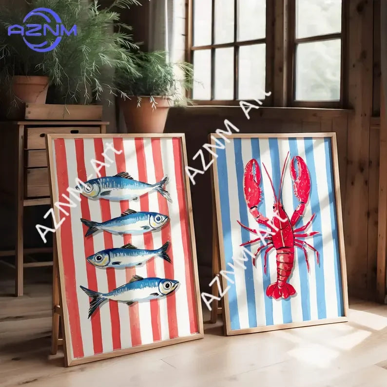 tableau art marin homard poissons rouge bleu blanc toile cadre bois chambre salon decoration